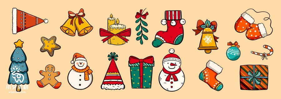 圣诞节平安夜圣诞老人麋鹿圣诞树雪人姜饼元素插画图案AI矢量素材【001】